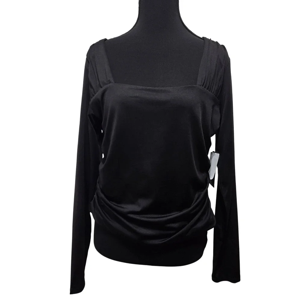 Melrose and Market Nordstrom NWT Black Ruched Square Neck Top Size L NEW